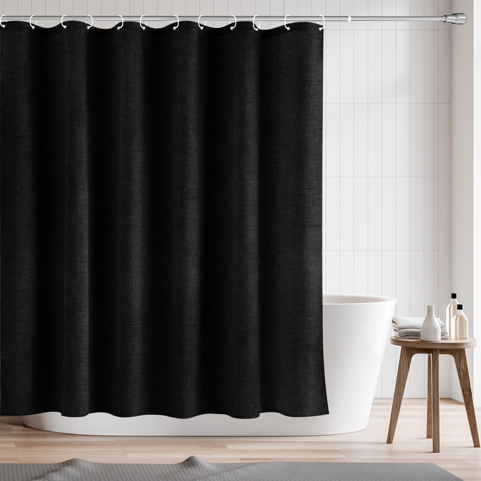 RAYNEAY Natural Linen Water-resistant Shower Curtain, 182x182cm Heavy Duty Fabric Linen Textured Shower Curtain with Weighted Hem and Hooks for Bathroom Wet Room Bathtub (Black)