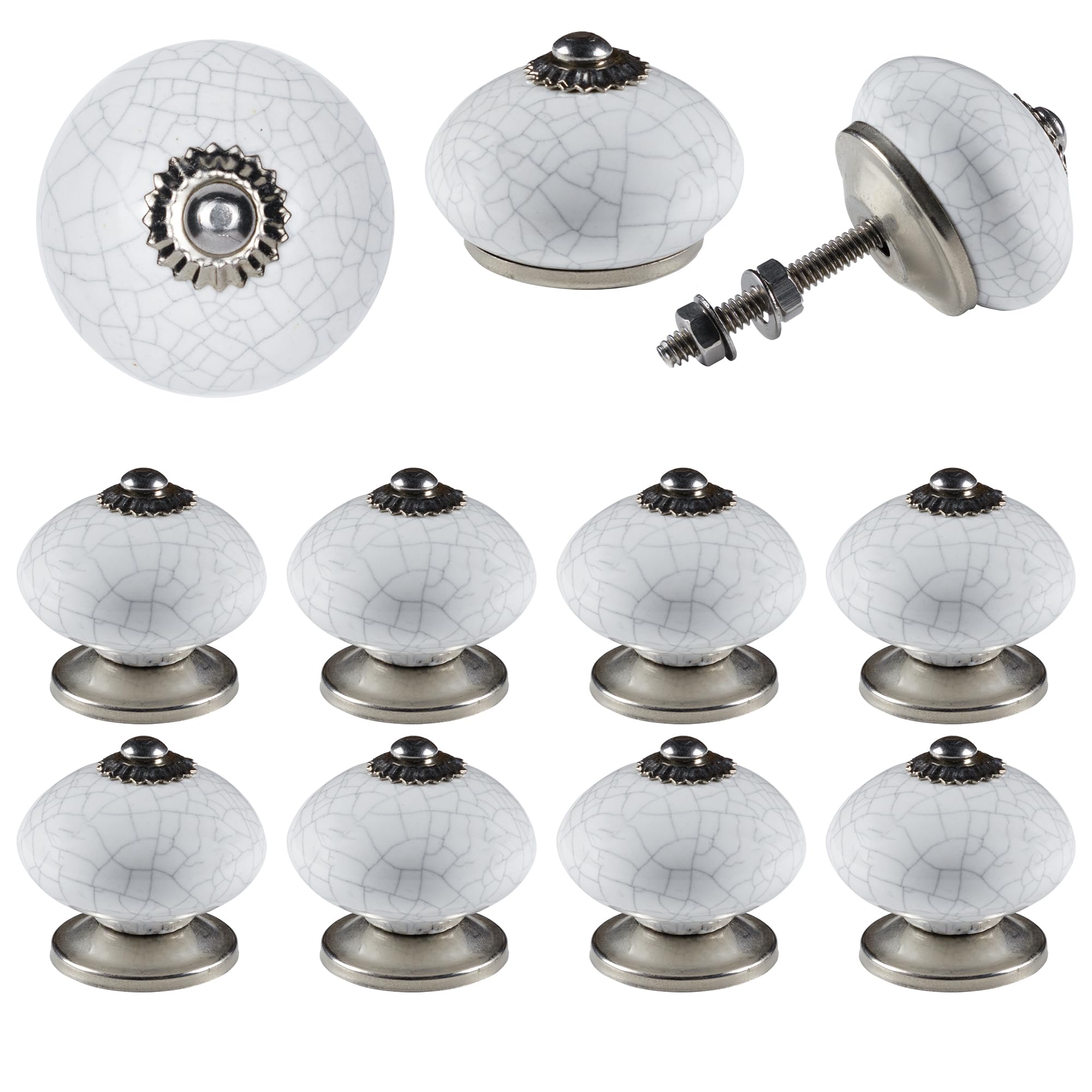 ETHNICITI Pack of 8 Round White Crackle 40mm Ceramic Door Knobs Vintage Shabby Chic, Wardrobe Cabinet Cupboard Drawer Interior Furniture Pulls Handles Bedroom Dresser Lounge Kitchen