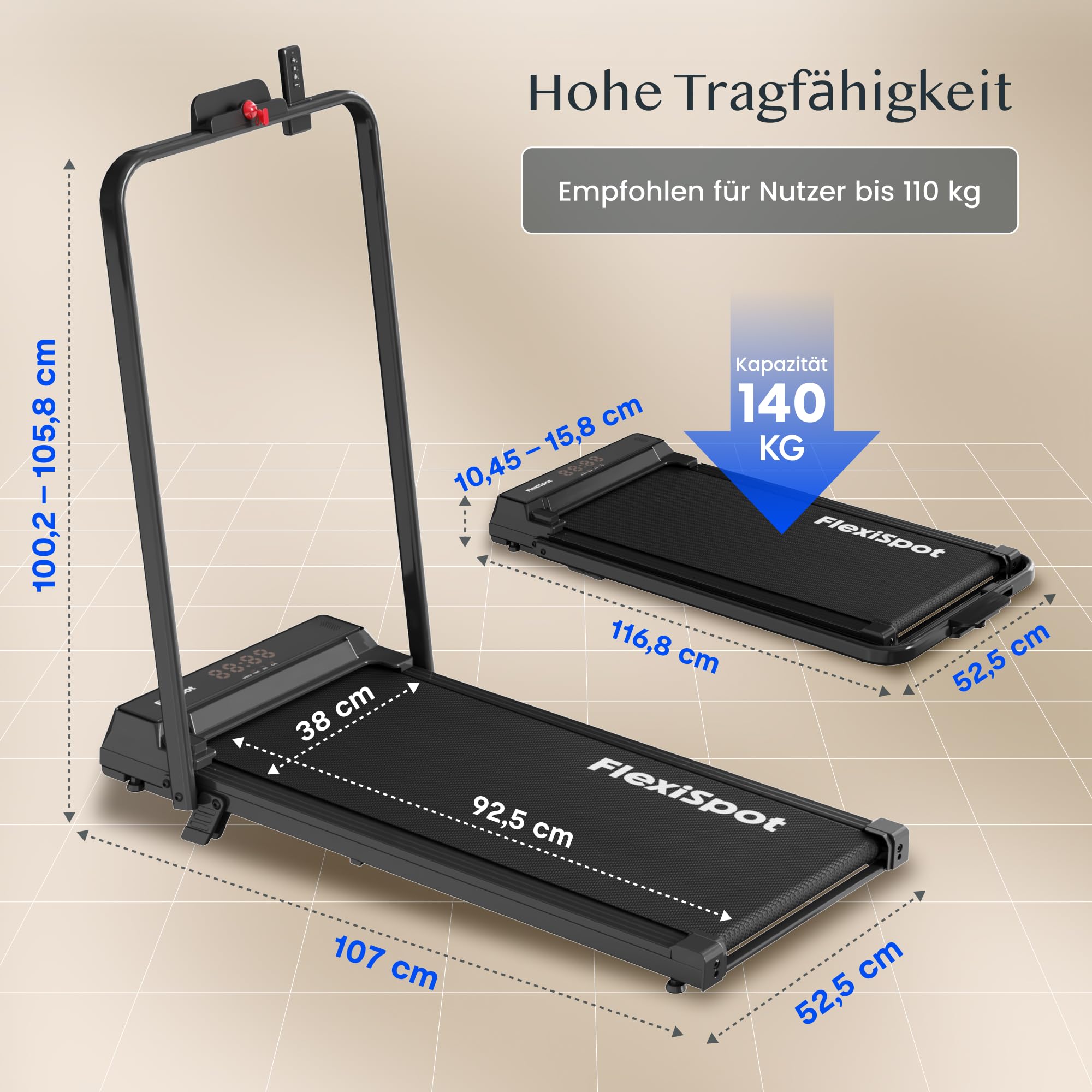 FlexiSpot Laufband mit 7% Steigung, 1–12 km/h, klappbarer Handlauf, bis 140 kg belastbar, LED-Display mit Fernbedienung, Walking Pad für Zuhause & Homeoffice Dynamix Schwarz 2