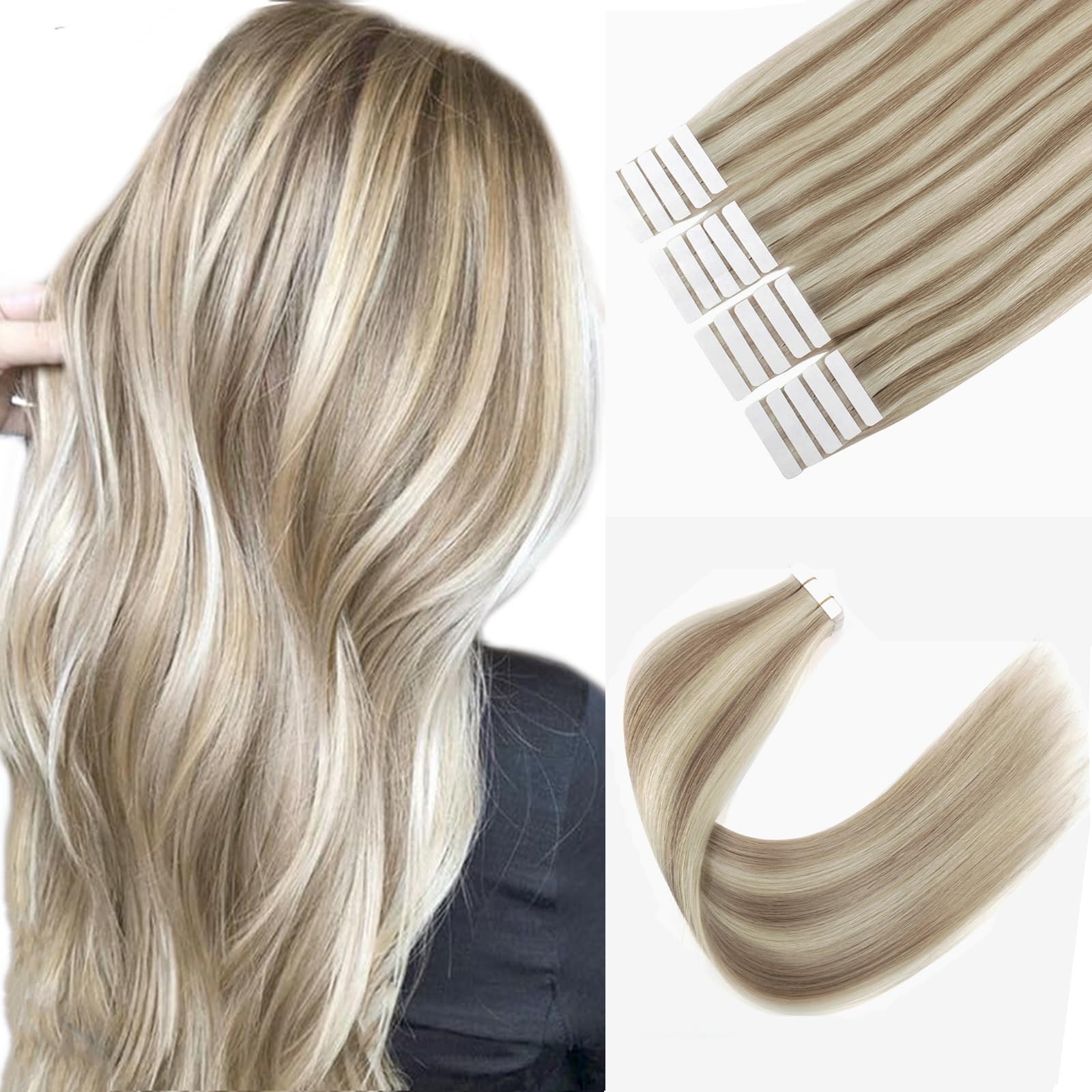 Sixstarhair Tape In Hair Extensions 20 Pieces Remy Human Hair Highlight Hair Extensions Color Swedish Blonde and Ash Blonde Piano Color For Beautiful Girl 50g/20 Pieces Pack [Color 20/60# 20inch] — image 1