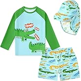 Toddlers Boys 3PCS Rashguard Swimsuit Long Sleeve Top and Slim-fit Swim Shorts Sets with Sun Hat Boys Bathing Suit 1-5T