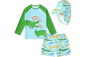 Toddlers Boys 3PCS Rashguard Swimsuit Long Sleeve Top and Trunk Swimwear Sets with Sun Hat Boys Bathing Suit 1-5T