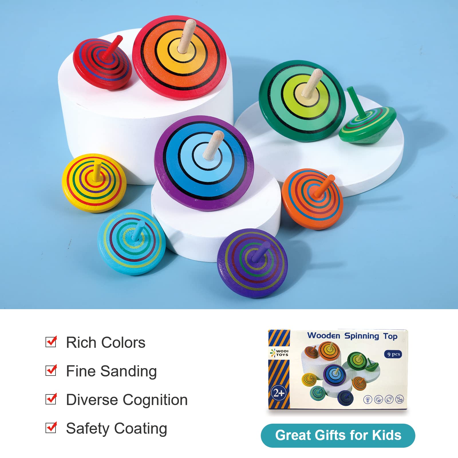 WODI Wooden Spinning Tops, 9 Pcs Wood Novelty Gyroscopes, Kids Handmade Painted Spinner, Kindergarten Toys, Vintage Craft Spin Top, Great Gift for Toddlers Girls Boys