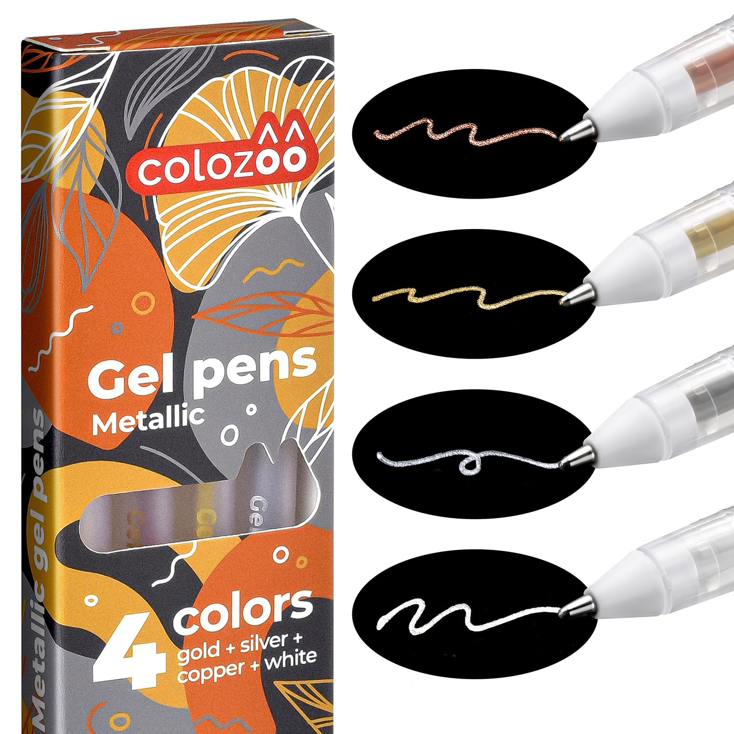 colozoo 4 Metallic Stifte Set 0.8mm Gel Pens | Gelstifte Set - Scrapbook Pen für Schwarzes Papier, Gästebuch Hochzeit Fotoalbum inkl. Gold, Silber, Kupfer & Weiß