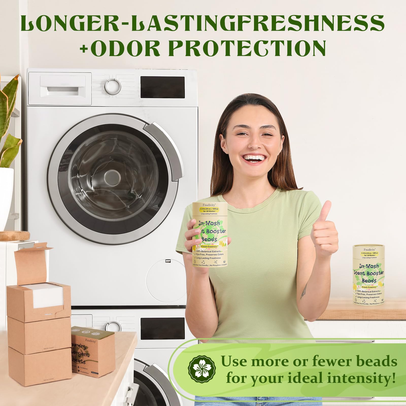 Freelivity In‑Wash Scent Booster Beads – Fresh Essence Scent, Laundry Beads fabric softener, 24 oz – Lasts Up to 70 Washing Cycles – Eco‑Friendly & Safe for Babies and Kids