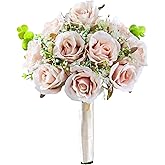 Pink Champagne Roses 10 in, Fake Flowers Wedding Bouquets for Bride, Wedding Silk Artificial Flowers 10pcs for Wedding Party, Ceremony, Anniversary & Home Decor (Come with 3 Styles of 4.5 ft Ribbons)