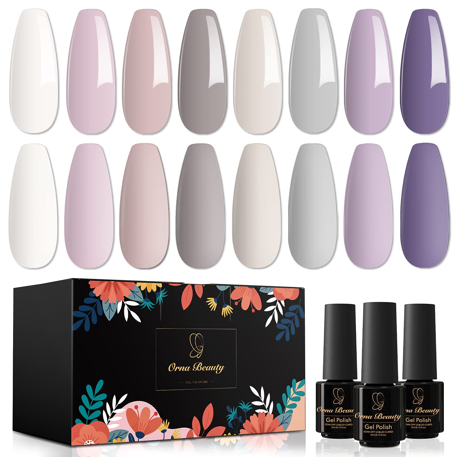 Orna Beauty Gel Polish Set, 8 Colors Smoke Gray Series Nail Gel Polish Kit Gift with White Nude Gray Purple Gel Nail Polish Soak Off UV Led Lamp for DIY Home Manicure and Salon Nail Art Design