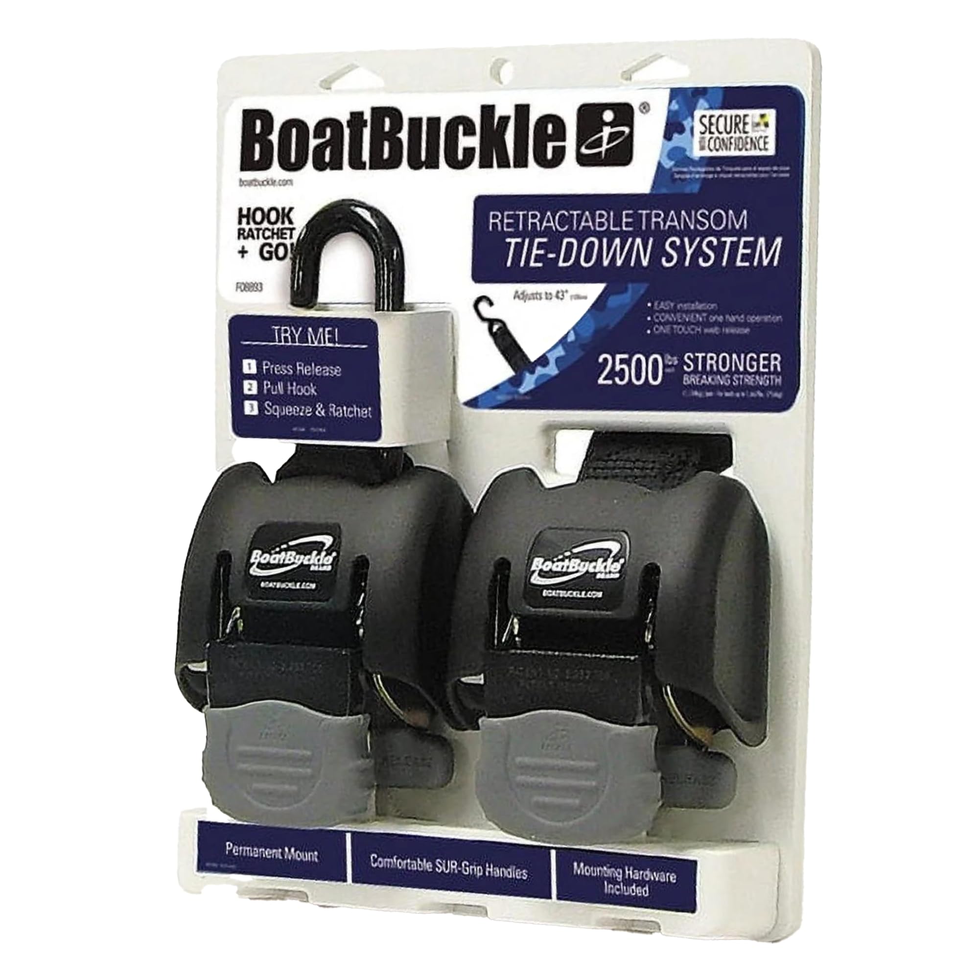 Boatbuckle 279-F08893 Retractable Hook G2 Sensor, 1 Pack of 2 pieces, Black, 2 x 43-Inch