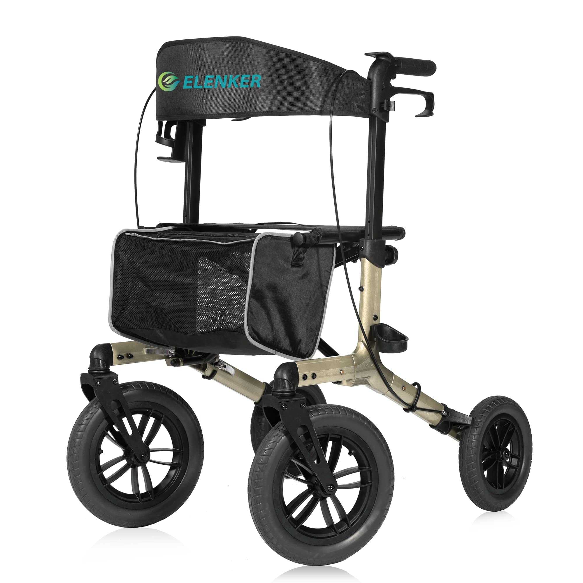 Photo 1 of *It is used, it is missing a part and it is not known if it works 100%.**ELENKER All-Terrain Rollator Walker with Non-Pneumatic Tire 12” Front Rubber Wheels, Compact Folding Design for Seniors (Champagne)