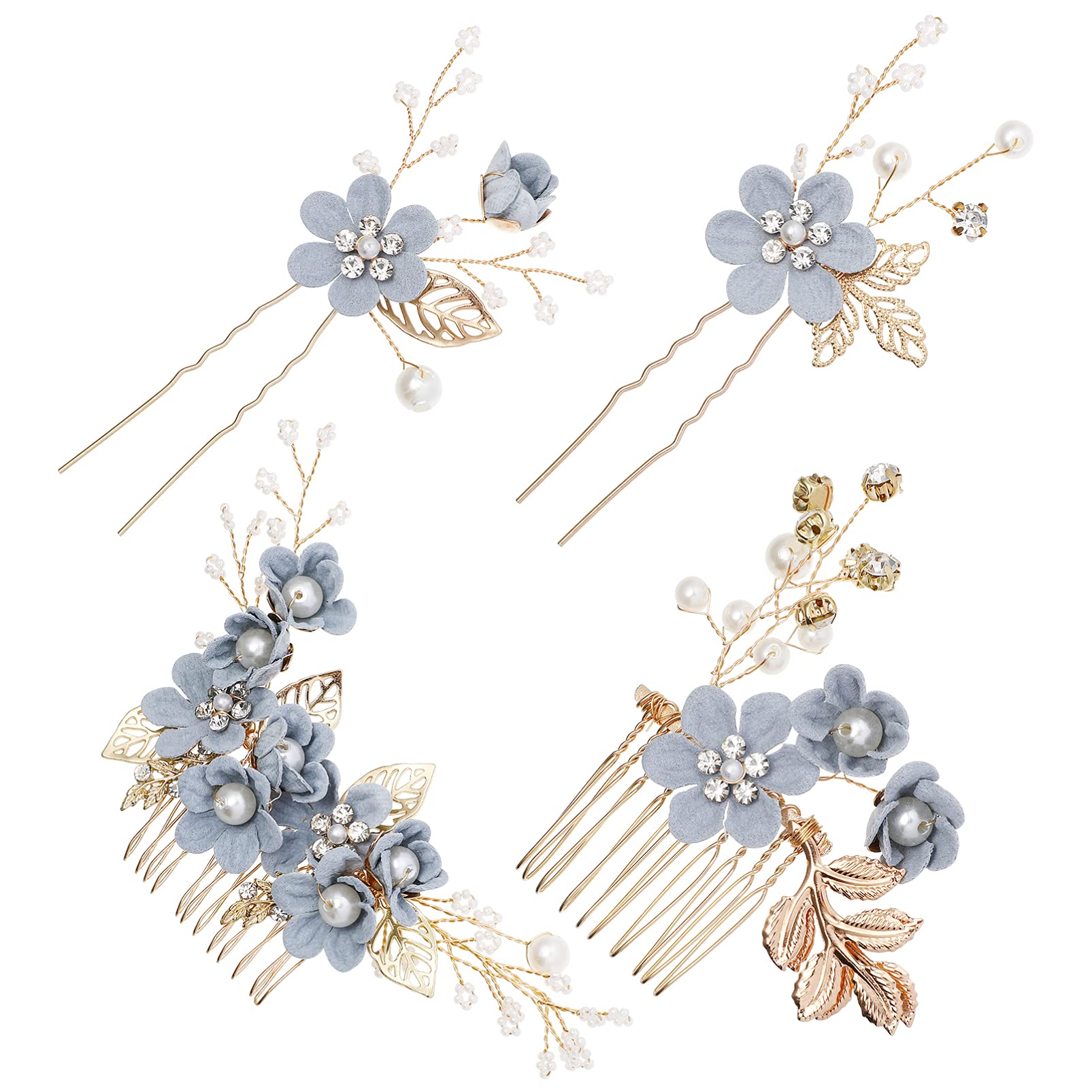 NUOBESTY Bridal Hairpins Set, Wedding Hairpins Women Hair Combs Rhinestone Hair Accessories U- shaped Pearl Hair Clips for Bridal Ladies Party Hair Decoration 4pcs