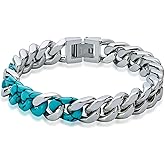 PHNIBIRD Cuban Link Bracelet for Men Stainless Steel with Faux Turquoise/Tiger Eye/Lapis Lazuli/Marble Unique Hip Hop Bracelet for Boys Miami Cuban Chain for Party