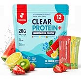 Clear Whey Protein Powder with 1600mg Electrolytes &amp; Creatine, Variety Pack | 20G Grass-Fed Whey Isolate Protein Powder for Hydrate, Muscle Recovery, Pre or Post Workout Drink, 0g Sugar, 0 Fat, 12 Sticks