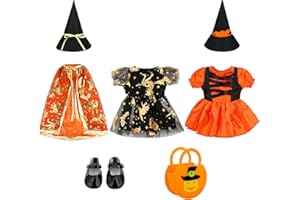 Kajaia 8 Pcs Halloween Doll Clothes Witch Pumpkin Doll Costumes Dress Outfits Witch Hats Dress Shoes Pumpkin Bag for 18 Inch Doll
