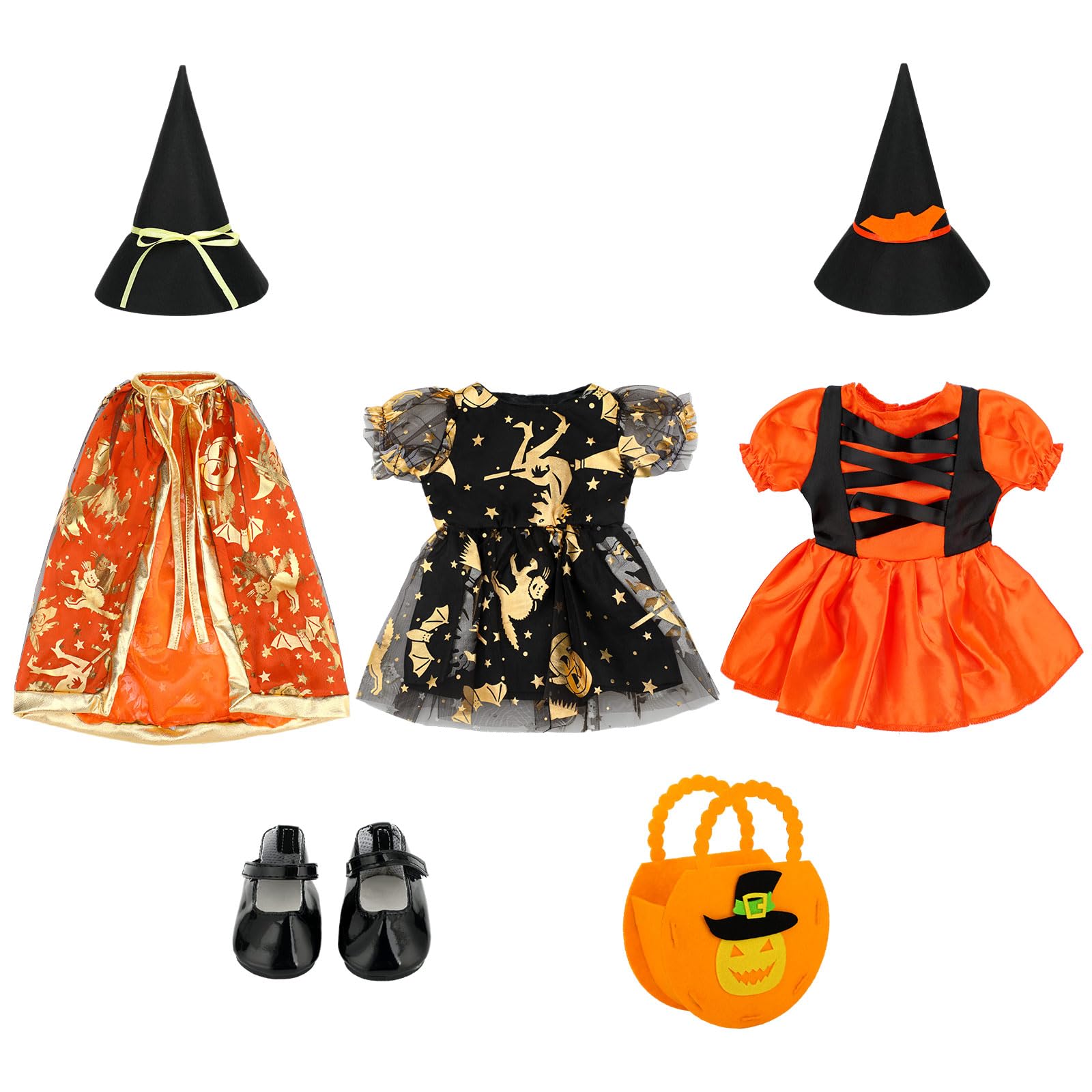 Photo 1 of 8 Pcs Halloween Doll Clothes and Accessories for 18 Inch, Pumpkin Halloween Doll Outfit, Dress, Shoes, Socks, Witch Hats, Bag Sets