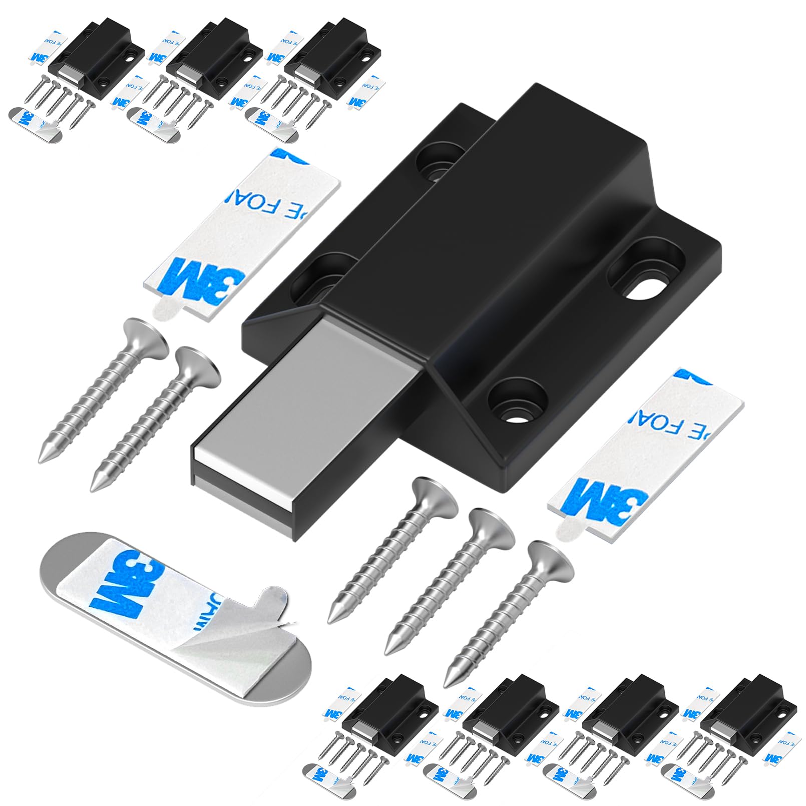 Tonitrui Magnetic Push Latches Without Nail Installation Push to Open Door Latch, No Screw Adhesive Magnetic Catch,Touch Release Pop Out Hardware for for Cabinets,Kitchen, Closet (Black 8 Pack)