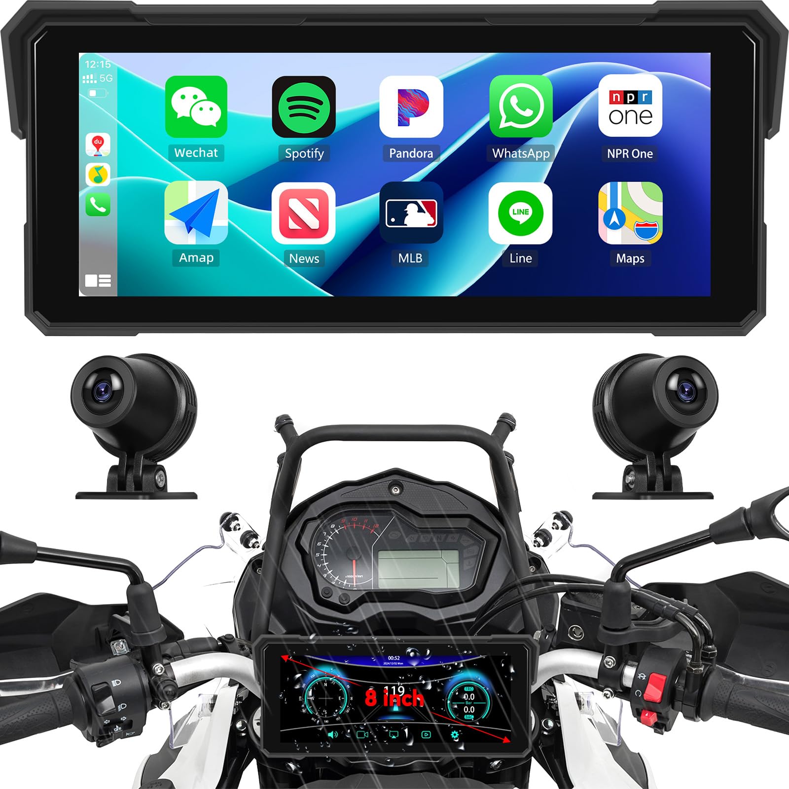 Photo 1 of Carplay Screen for Motorcycle,Wireless CarPlay&Android Auto,8.1’’ IPS Waterproof Portable Radio with WiFi Video,BT,EQ,FM,DVR,SWC,Dual Front and Rear Cameras