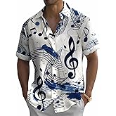 Music Shirts for Men Hawaiian Bowling Vintage Print Short Sleeve Casual Button Down Beach Big Tall Shirt