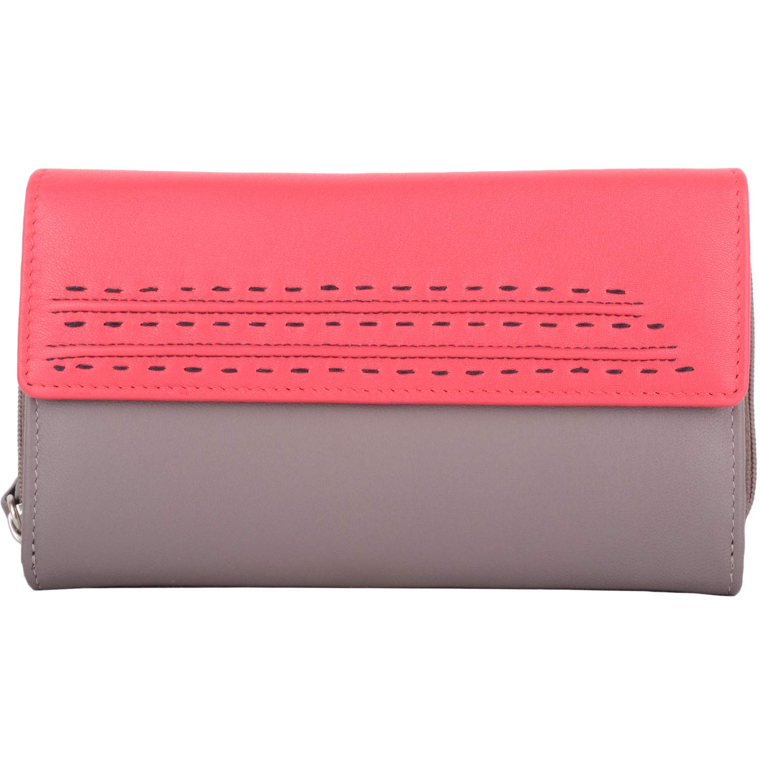 Valita Womens Soft Leather RFID Protected Multi Colour Tri- Fold Coin/Credit Card Purse - Taupe/Watermelon