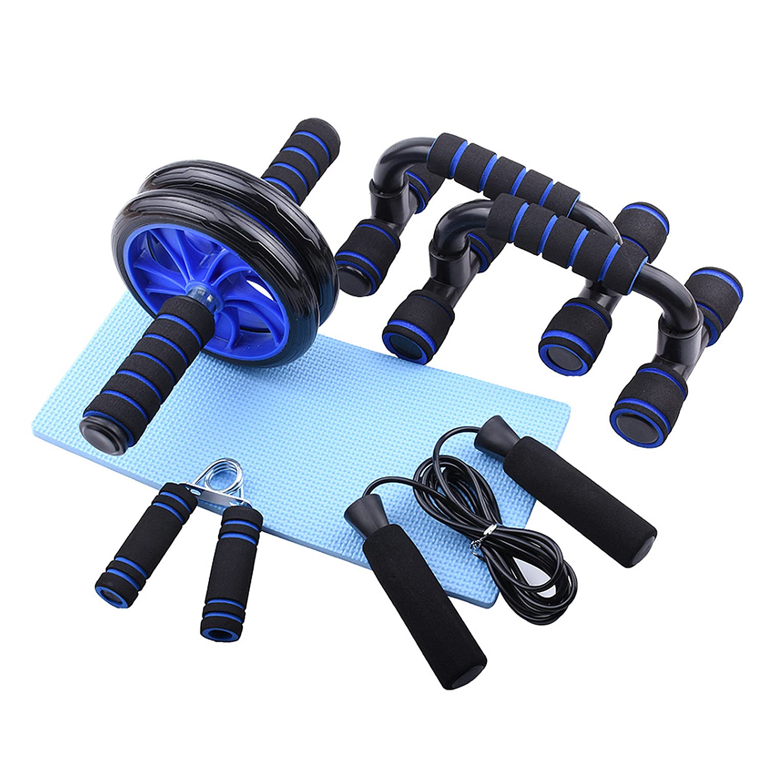 6-IN-1 Fitness Equipment Set,with Ab Roller, Push up Handles, Skipping Rope, Knee Pad, Resistance Bands, Hand Grip Strengtheners,fitness equipment for home gym (bule)