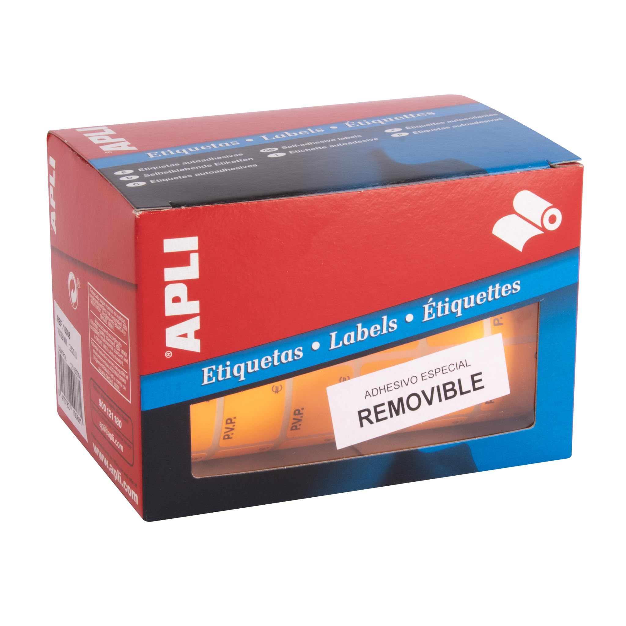 APLI 10088-Rollo PVP Labels Removable Fluorescent Orange 16.0 x 22.0 mm