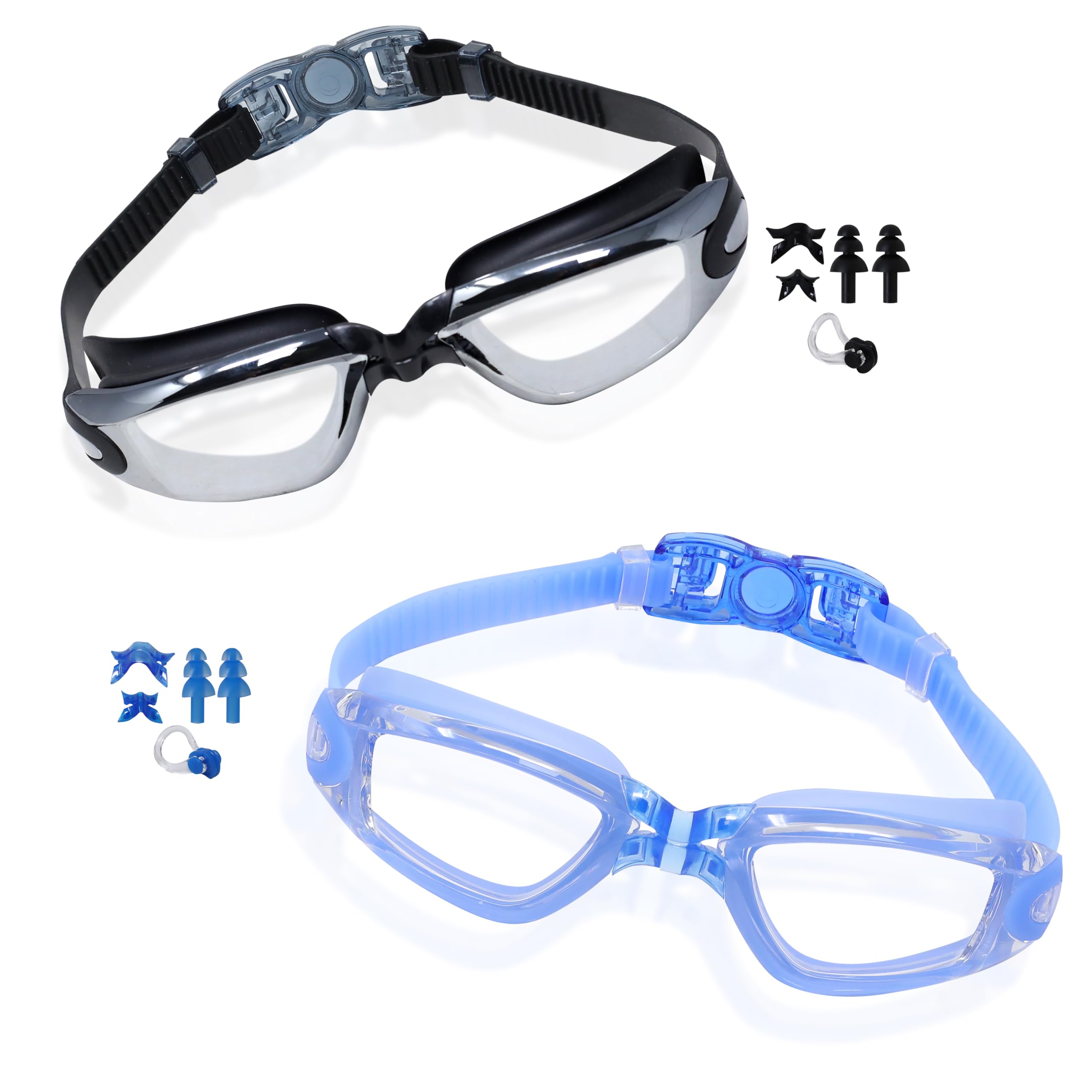 EcoNour Swimming Goggles Anti-Fog - Waterproof Seal, Comfort Fit, UV Protection, Swimming Goggles for Adult, Men, Women with Nose Clip and Earplugs, 2 Pack (Black)
