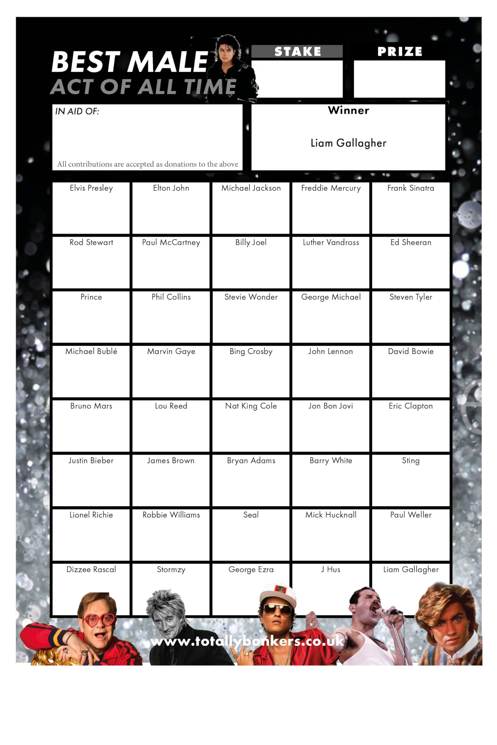 Totally Bonkers - Best Male Act/Music Fundraising Scratch Cards - 40 Square - A6 (148x105mm) - 10 Pack - TB0114 - Blind Card…