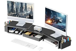 gianotter Dual Monitor Stand Riser, Desk Organizer With Drawer and 2 Pen Holders, Computer Monitor Stand, Shelf for Top of Desk, Black