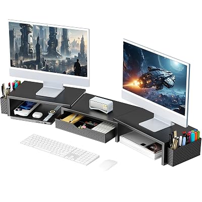 gianotter Dual Monitor Stand Riser, Desk Organizer With Drawer and 2 Pen Holders, Computer Monitor Stand, Shelf for Top of Desk, Black