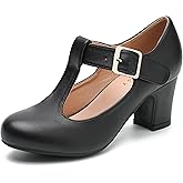 Women's T-Strap Mary Jane Pumps Low Block Chunky Heels Closed Round Toe Ankle Strap Wedding Evening Party Dress Office Work Shoes