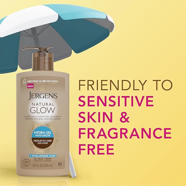 JERGENS NATURAL GLOW HYDRA GEL MOISTURIZER, HYALURONIC ACID TANNING LOTION, HYDRATING TANNING GEL, FRAGRANCE-FREE SELF TANNER, MEDIUM TO DEEP SKIN TONES 8.3 OZ
