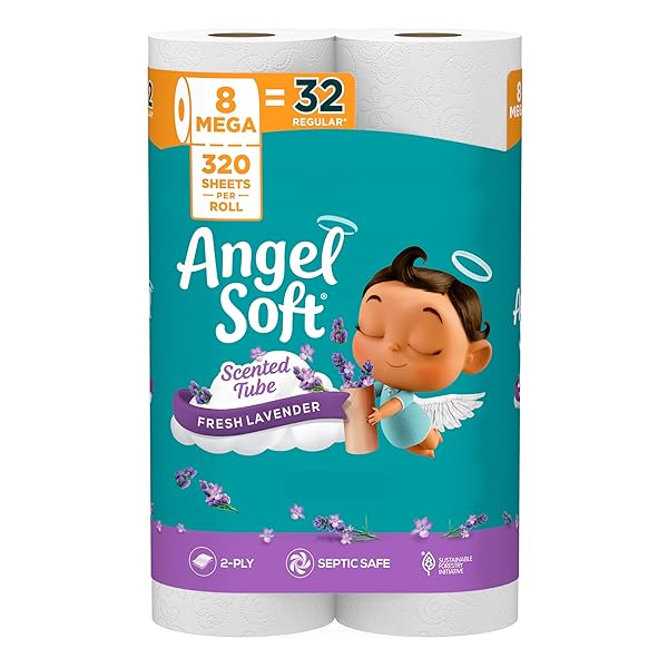 ANGEL SOFT TOILET PAPER WITH FRESH LAVENDER SCENTED TUBE, 8 MEGA ROLLS = 32 REGULAR ROLLS, SOFT AND STRONG TOILET TISSUE