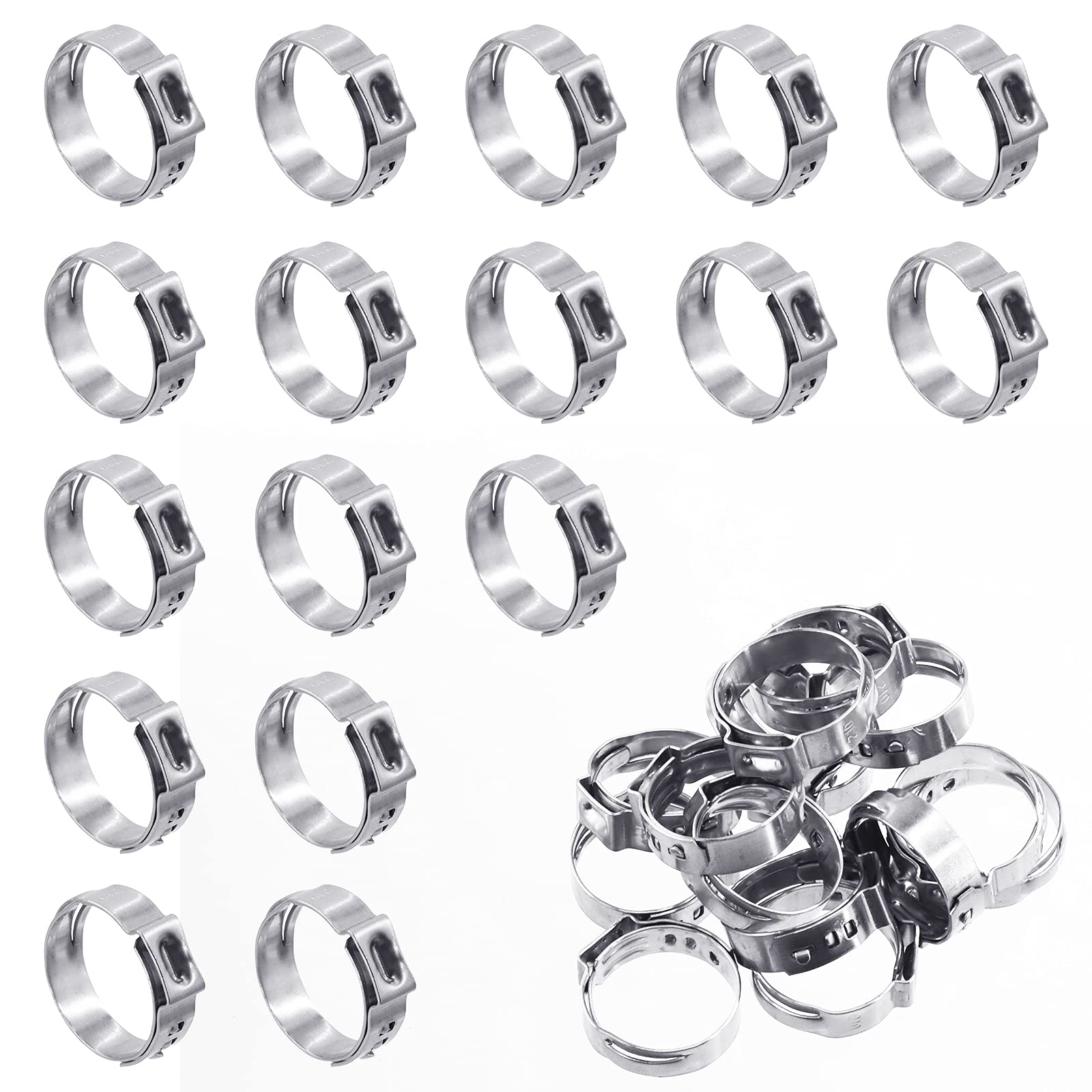 Wokape 50Pcs 17.8-21mm Single Ear Hose Clamps, 304 Stainless Steel PEX Pinch Clamps Cinch Rings Crimping Tool Stepless Hose Clamp for Securing Pipe Hoses and Automotive
