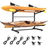 LotFun Kayak Storage Rack, Freestanding Heavy Duty Adjustable Kayak Stand Indoor Outdoor Storage Rack Garage, with Wheels and Foot Pad, for Kayaks, SUPs, Canoes, Surfboard(2 Levels)