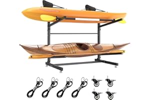 LotFun Kayak Storage Rack, Freestanding Heavy Duty Adjustable Kayak Stand Indoor Outdoor Storage Rack Garage, with Wheels and Foot Pad, for Kayaks, SUPs, Canoes, Surfboard(2 Levels)