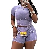 KANSOON Two Piece Sets for Women Summer Acid Wash Crop Top Matching Bodycon Biker Shorts Gym Outfits Purple XL