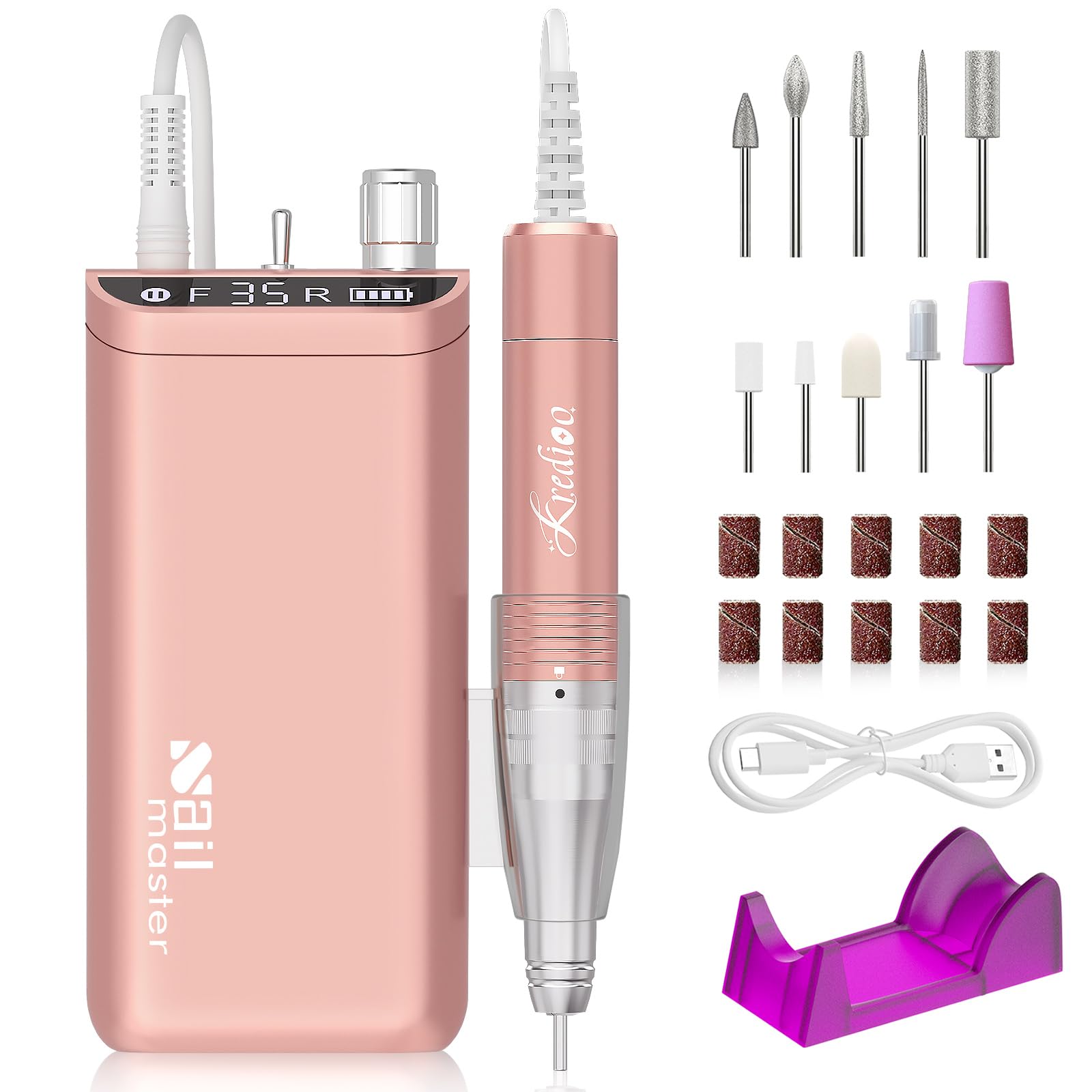 Kredioo 10 in 1 Nail Drill Kit, 35000RPM Rechargeable Electric E File, 8 Hours Battery, Manicure Pedicure Acrylic Gel Removal, Shaping for Beginner, Training, Nail Salon, Home Use, Gold