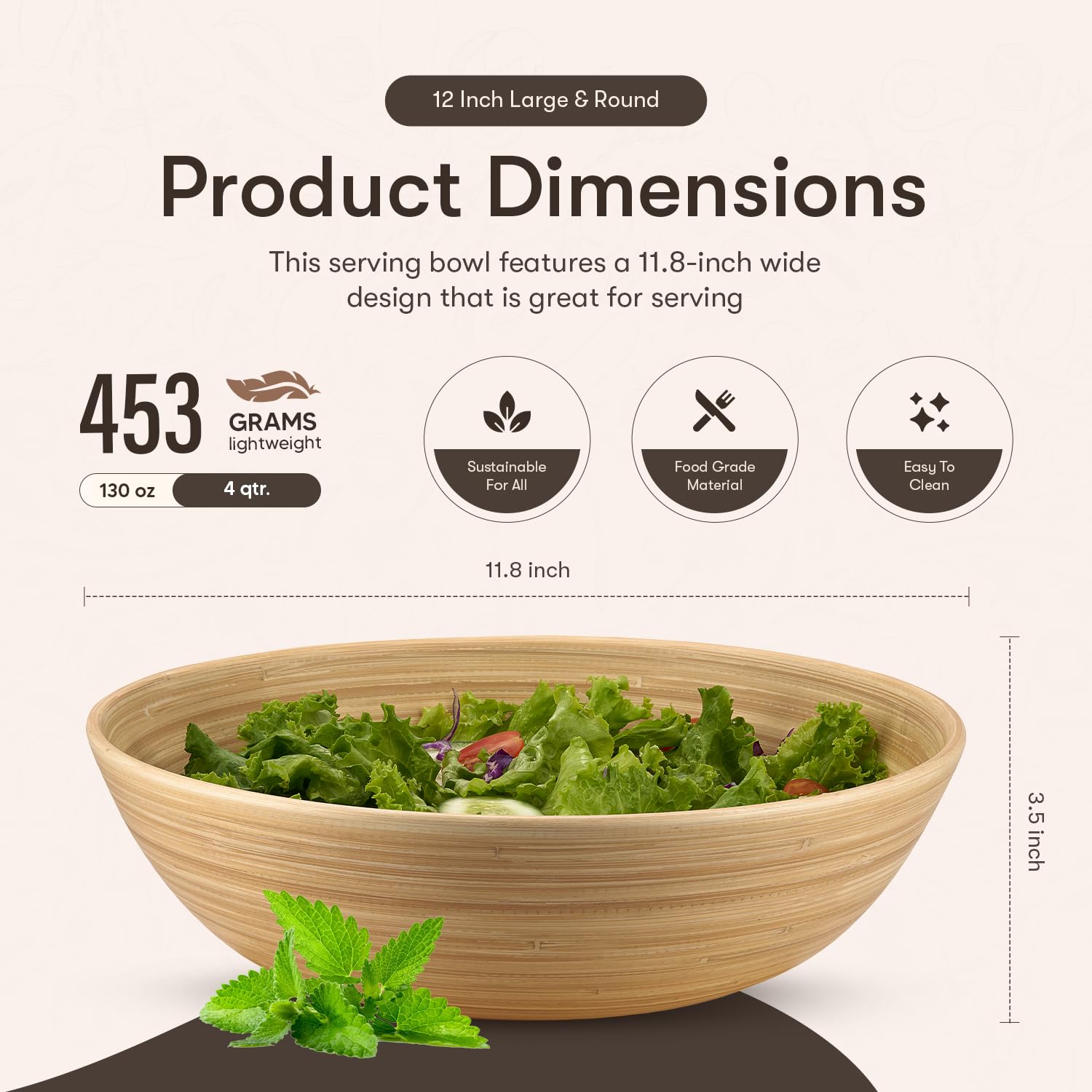 LEXA 12" Handmade Natural Bamboo Wooden Salad Bowl - 130 oz Lightweight Large Wooden Bowls for Food - Bamboo Wooden Fruit Bowl for Kitchen Counter, Wood Bowls for food - Wooden Serving Bowl for Snacks - Image 3