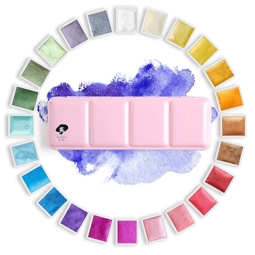 Paul Rubens Professional Watercolour Paint Set, 24 Metallic Colours Artist Grade Watercolour, Pink Portable Metal Case with Palette, Perfect for Beginners, Hobbyists and Artists.