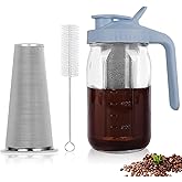 QHH Cold Brew Coffee Maker,32 oz Mason Jar Pitcher with Stainless Steel Filter, Pour Spout Handle Lid, Heavy Duty Glass Airtight & Leak-Proof Pitcher for iced coffee Tea Lemonade-Gray