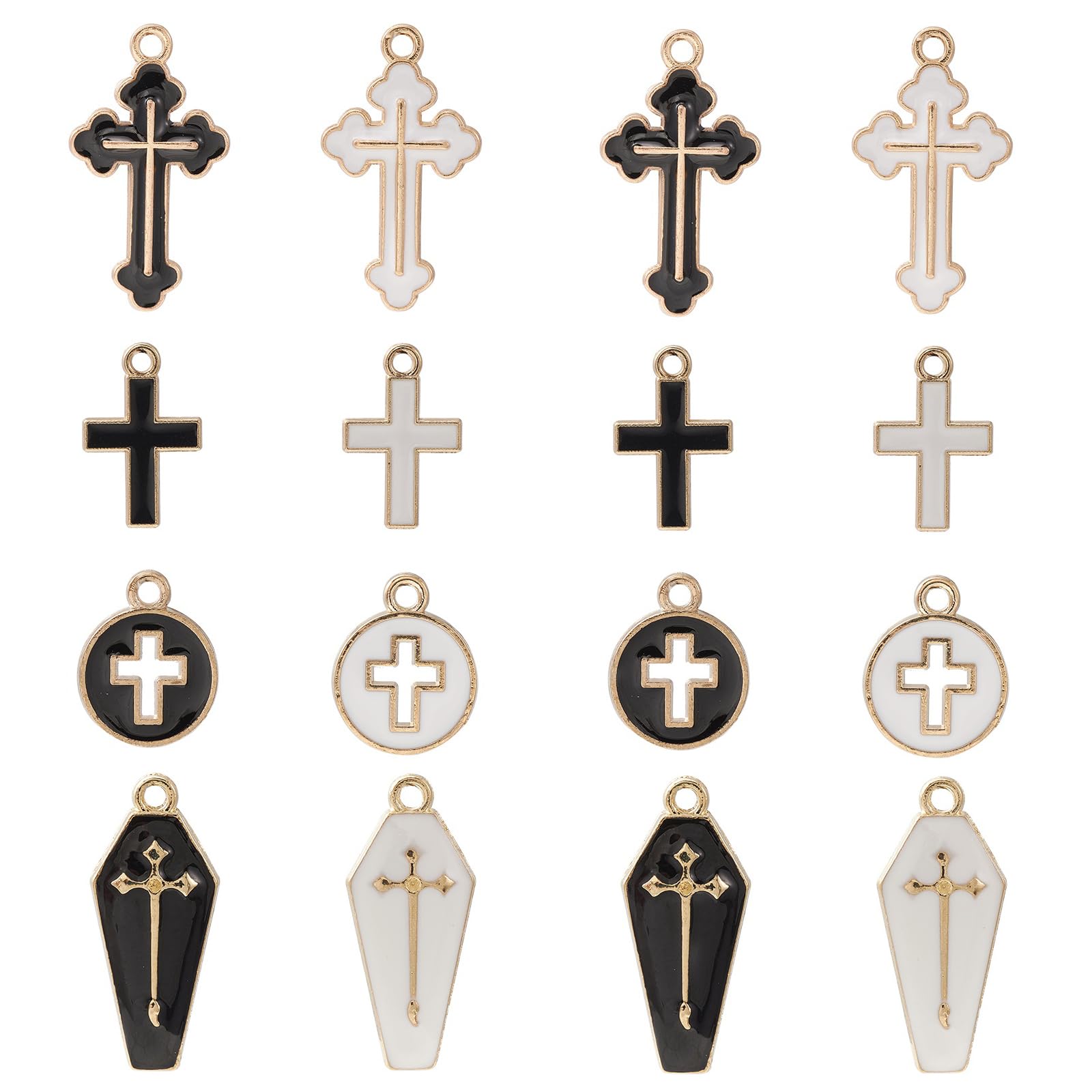 Stiesy 40Pcs 8 Styles Crucifix Charms Pendants Enamel Cross Charms Blck White Cross Dangle Charms for DIY Crafts Jewelry Making Gift