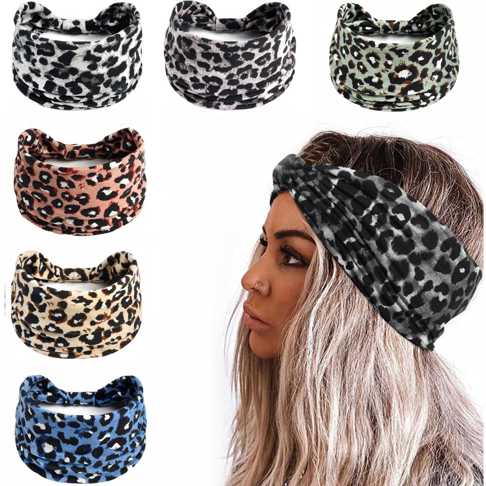 6PCS Headbands for Women Wide Boho Head Scarfs Non Slip Bandanas Hairbands Elastic Hair Accessories Knotted Turbans Head Wrap Adult (leopard hairband)