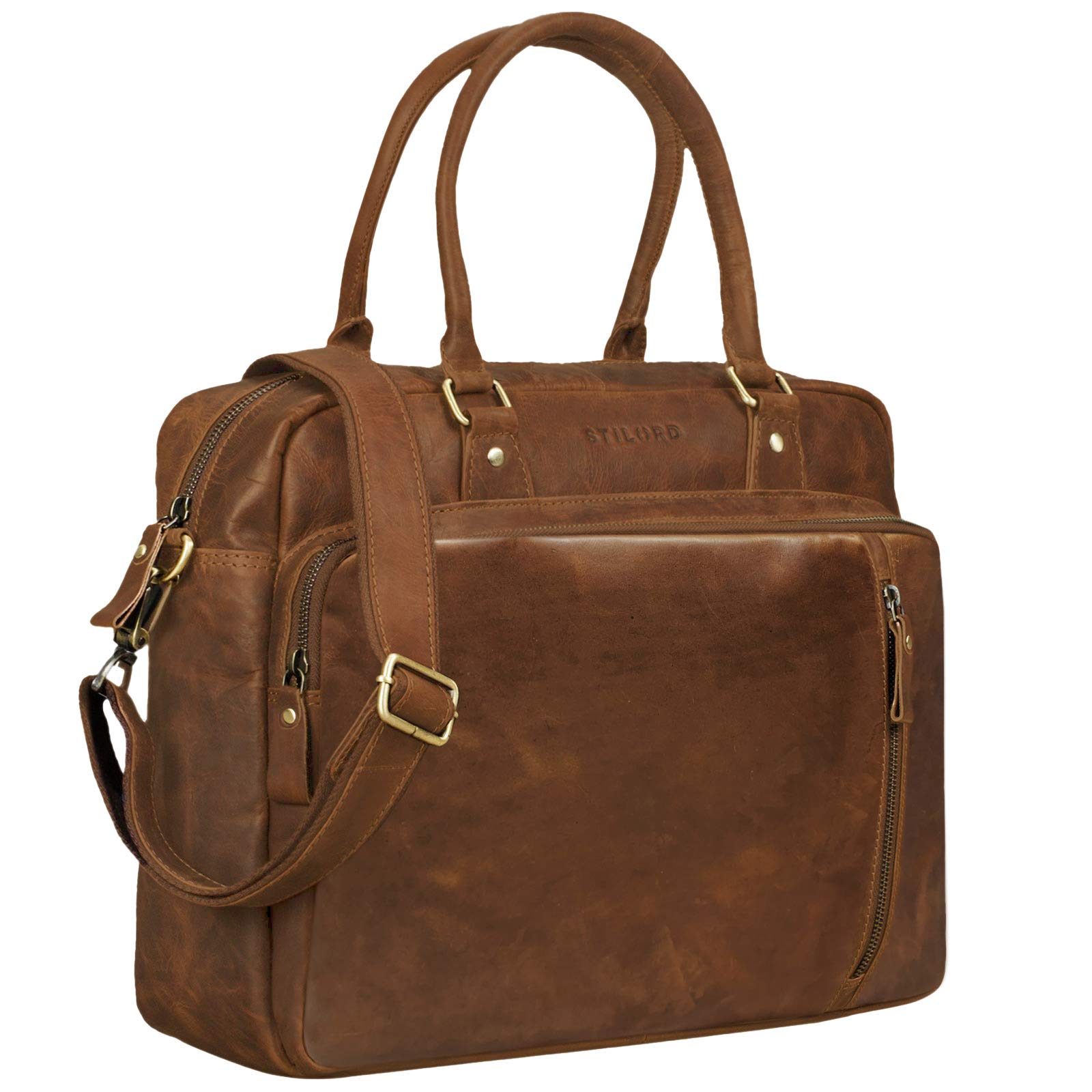 STILORD "Amilia" Leather Business Bag Women Vintage Design Large Briefcase for A4 Folder 13,3 inch MacBook Shoulder Bag in Genuine Leather Colour:Mocca - Dark Brown