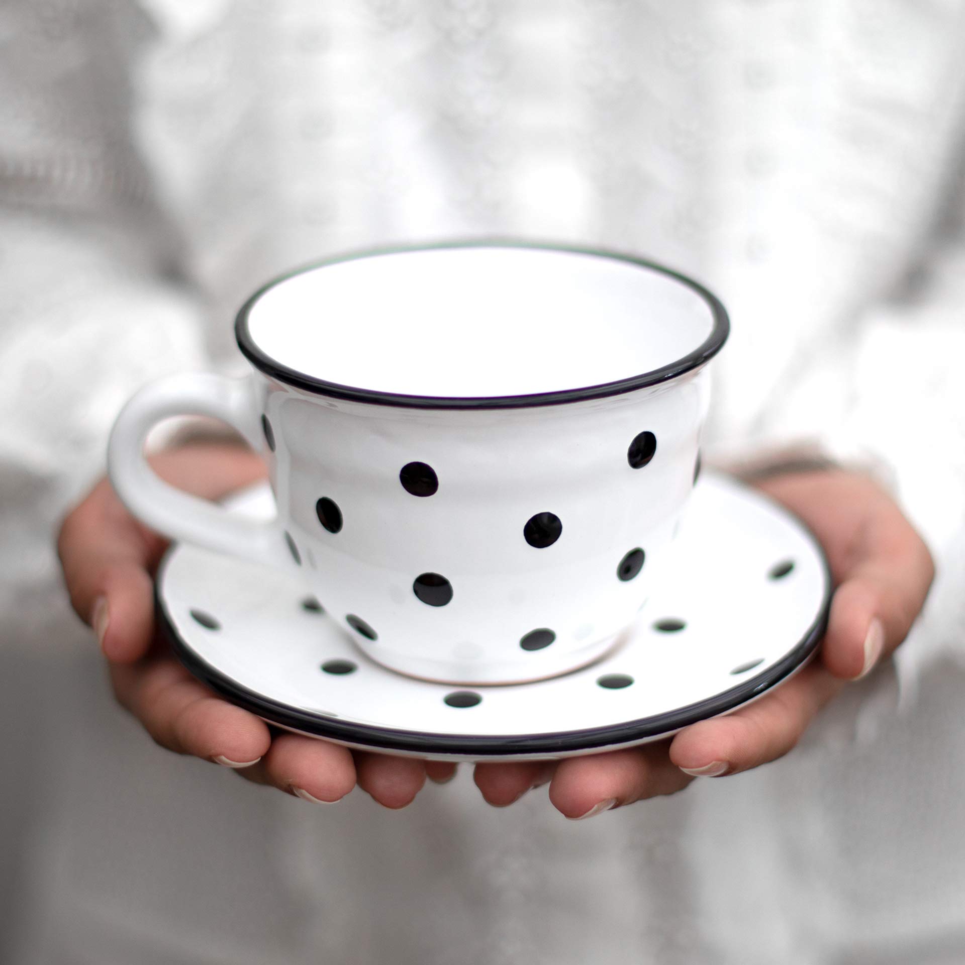 City to Cottage® White and Black | Polka Dot Spotty | Designer Handmade Hand Painted | Large Unique Ceramic 12oz/350ml | Cappuccino Coffee Tea Cup with Saucer | Gift