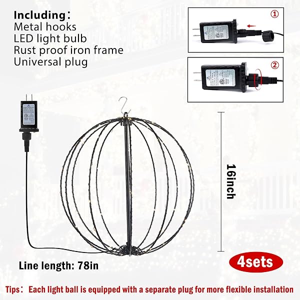 ANGAR 4 PACK 16″ CHRISTMAS BALL LIGHTS OUTDOOR/INDOOR, FOLDABLE LARGE LIGHTED LED SPHERE FOR TREES, HANGING LIGHTS WITH HOOK, HOLIDAY DECOR, GARDEN, PATIO, WEDDING
