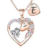 IEFRICH Valentines Gifts for Kids Girls Unicorn Necklace - Colorful CZ Heart Initial Necklaces Unicorn Necklace for Girls Jewelry Birthday Gifts for Little Girl Kids