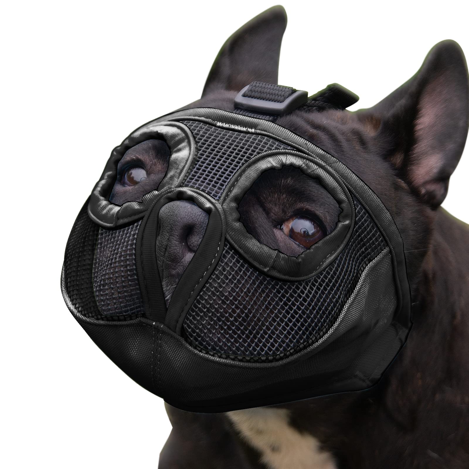 Short Snout Dog Muzzle Adjustable Bulldog Muzzle Breathable Mesh Biting Chewing Barking Training Dog mask For Small Medium Large Dogs,Black XL