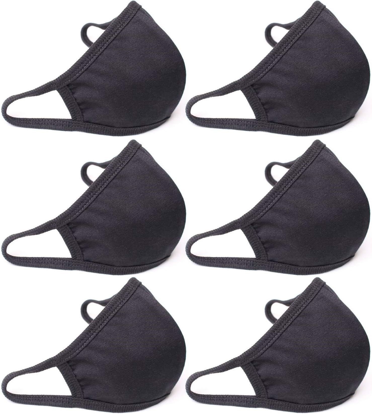 QueensFace 3D Cotton Face Mask Mouth Cover 2 Layer Thin Black (6 Pack)
