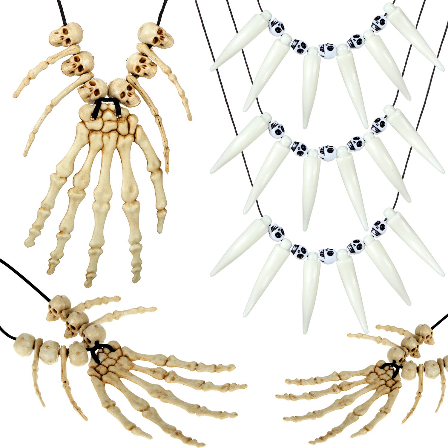 Hicarer 6 Pieces Halloween Skull Skeleton Jewelry Bone Voodoo Costume Accessories Pendant Necklace Skeleton Head Hand Bone Charm Cosplay Halloween Jewelry Costume for Women Men