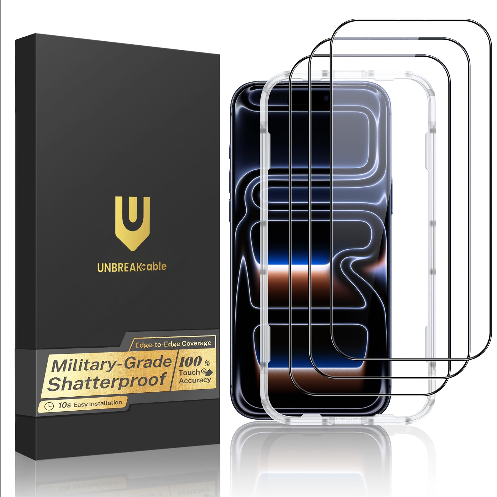 UNBREAKcable for iPhone 17 Pro Screen Protector, 3-Pack Full Coverage Tempered Glass [Military Grade Shatterproof] [9H Hardness] [Easy Installation] [Bubble Free] [99.99% HD Clear] for iPhone 17 Pro