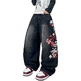 DFGIGT Mens Wide Leg Baggy Jeans Hip Hop Floral Embroidered Casual Loose Fit Skater Denim Pants Streetwear